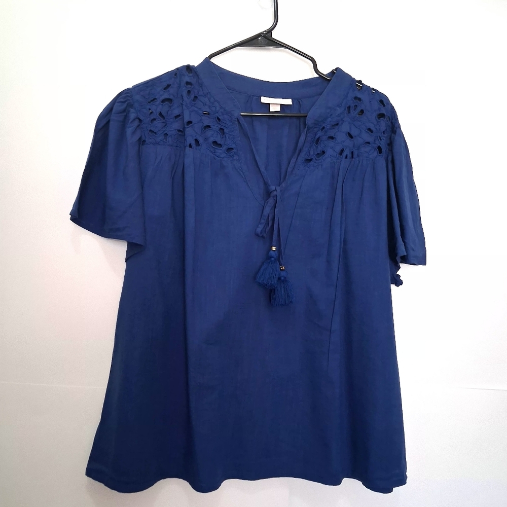 KNOX ROSE Royal Blue Short Sleeve Top With Tassel Size XXL 2X